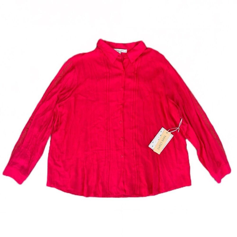 Sweet Rain Women's Pleated Embroidered Long Sleeve Button Down Blouse Fuchsia 3X - Picture 7 of 8